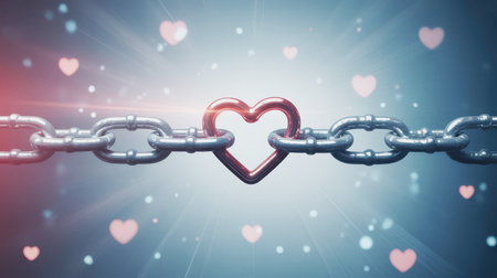A metallic chain with a red heart link in the center against a blue background with floating pink hearts and bokeh lights.の素材