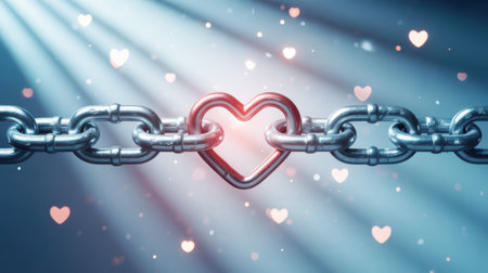 A metal chain with a red heart-shaped link in the center against a blue background with soft light rays and bokeh hearts.の素材