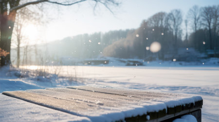 A close-up of a snow-covered wooden picnic table in a winter landscape with falling snowflakes and a bright sunlit background.の素材