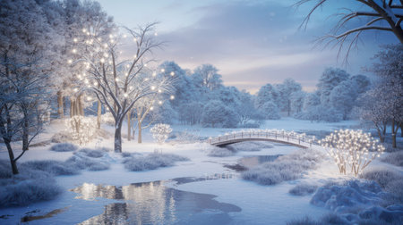 A serene winter park scene with snow-covered trees and bushes illuminated by warm lights. An arched bridge crosses a frozen stream under a soft twilight sky.の素材