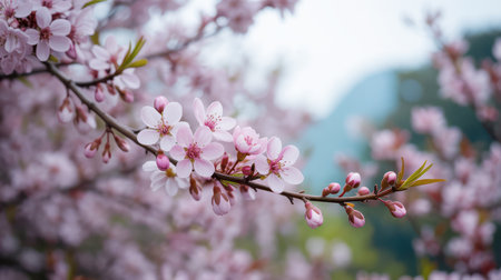 A close-up of a branch laden with delicate pink cherry blossoms and unopened buds. Soft bokeh background of more pink flowers and a hint of blue sky.の素材