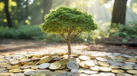 A small green tree sprouts from a mound of gold and silver coins in a sun-dappled forest setting. tree, money, coins. green tree growing from pile of gold and...の素材