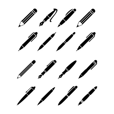 A collection of black silhouette depicting various writing instruments including pencils, pens, and fountain pens against a white background.のイラスト素材