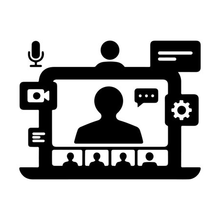 A black a laptop screen displaying a conference. Multiple participant silhouettes are visible, along with for microphone, camera, chat bubbles, and settings gear.のイラスト素材