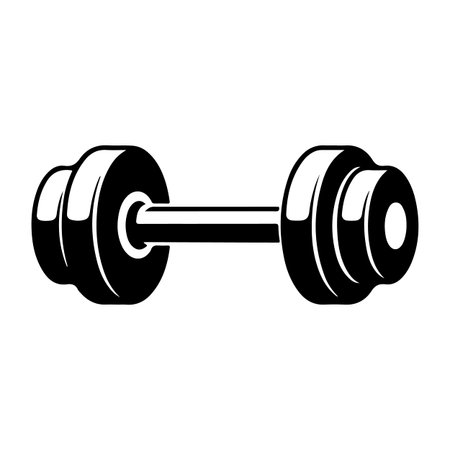 A black silhouette of a barbell with two solid round weight plates on either side. The is isolated on a white background.のイラスト素材