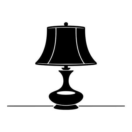 A black silhouette of a classic table lamp with a flared shade and a decorative, curved base is presented against a white background.のイラスト素材