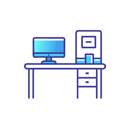 Office desk with computer, chair and table. Vector line icon, flat designのイラスト素材
