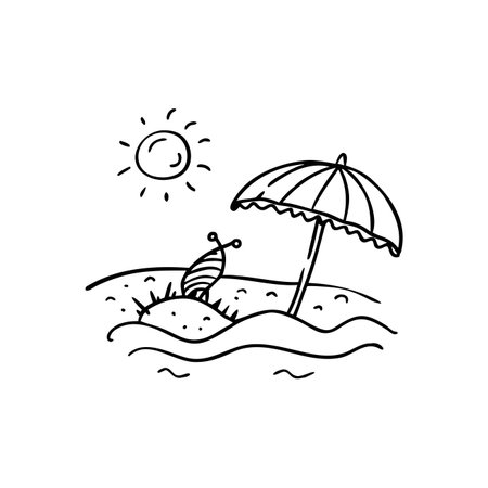 beach with umbrella and sun on white background. vector illustration.のイラスト素材