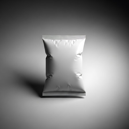 Blank foil sachet package mockup isolated on gray background 3D renderingの素材