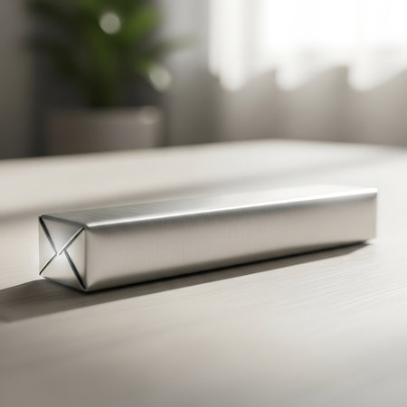 Silver metal box on the table in the room. 3d renderingの素材