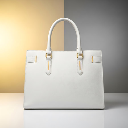 Luxury white leather women's handbag on a white background.の素材