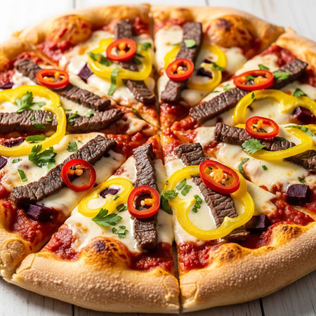 pizza with beef and vegetables on white wooden table, close upの素材