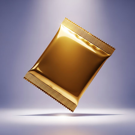 3d rendering of a golden foil bag on a blue background.の素材