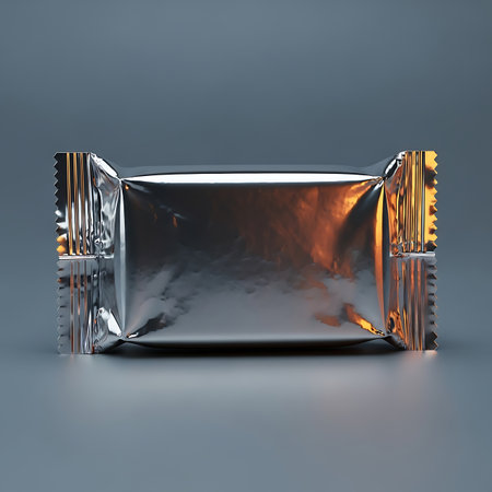 Crumpled foil package on gray background. 3D rendering.の素材