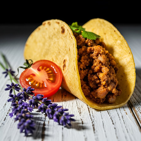 Mexican tacos with minced meat, tomato and lavender on a wooden tableの素材