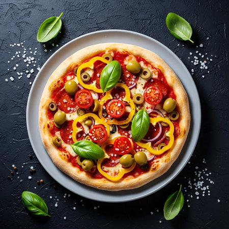 Pizza with tomatoes, olives and basil on a black background, top viewの素材