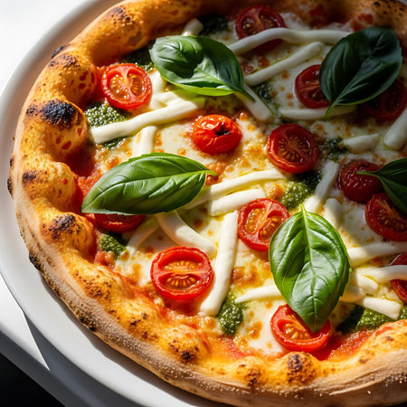 Pizza with mozzarella cheese, cherry tomatoes and basil.の素材