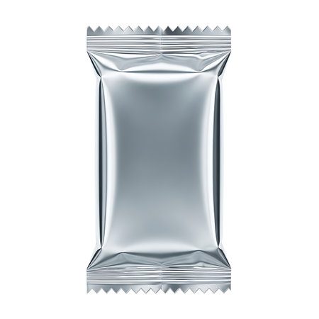 Blank aluminum foil sachet for food or beverage isolated on white backgroundの素材