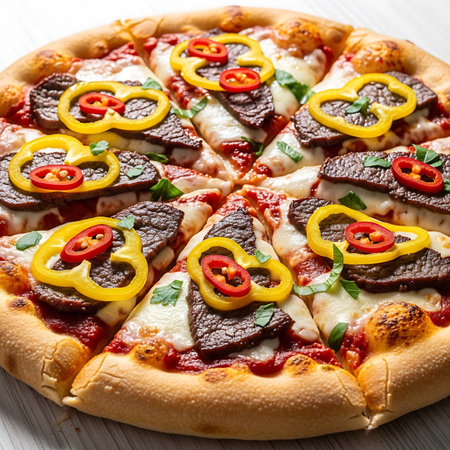Pizza with beef, cheese and peppers on a white wooden background.の素材