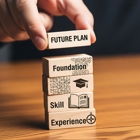 Concept of education, learning, online courses and more. Wooden blocks with iconsの素材