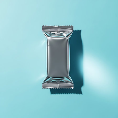 Aluminum foil snack bag mockup on blue background. 3d renderingの素材