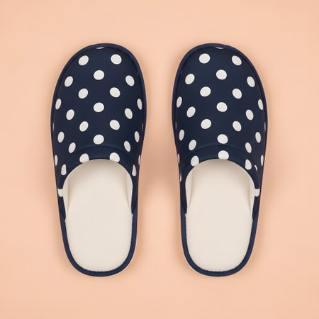 White polka dot slippers isolated on pastel orange background.の素材