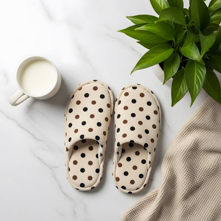 Beige polka dot slippers, cup of milk and plant on white marble backgroundの素材
