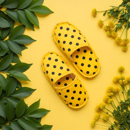 Yellow polka dot slippers with green leaves on yellow background.の素材