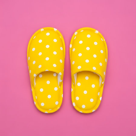 Yellow polka dot slippers isolated on pink background, top viewの素材