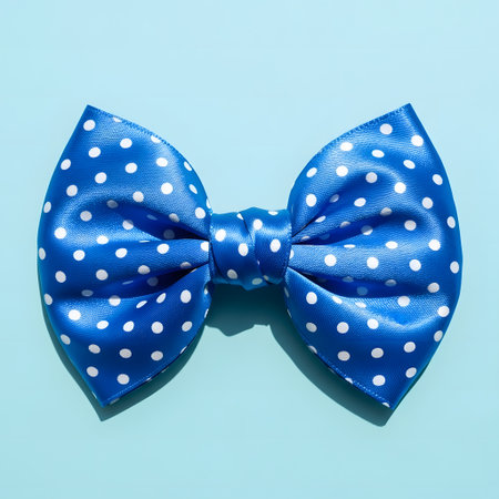 Blue polka dot bow tie on blue background. Flat lay, top view.の素材