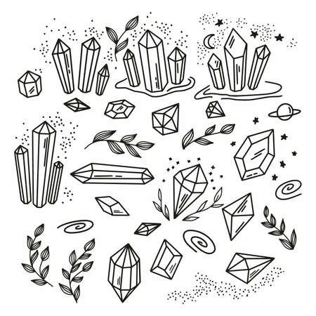Vector collection of hand-drawn drawings of precious stones and crystals. Vector illustrationのイラスト素材