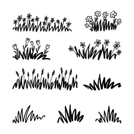 Collection of hand-drawn grass drawings with flowersのイラスト素材