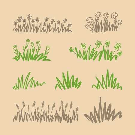 Collection of hand-drawn grass drawings with flowersのイラスト素材