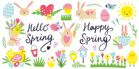 Vector spring collection of drawings by hand on the theme of Easterのイラスト素材