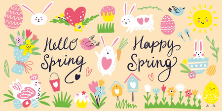 Vector spring collection of drawings by hand on the theme of Easterのイラスト素材