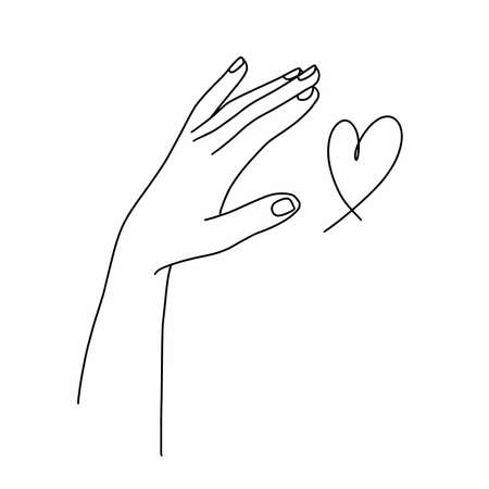 Silhouette of a continuous line of a woman's hand and heartのイラスト素材