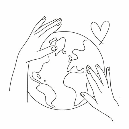Vector illustration of a planet and human hands with a continuous black lineのイラスト素材