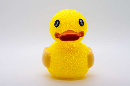 Small yellow plastic duck isolated on white background.の写真素材