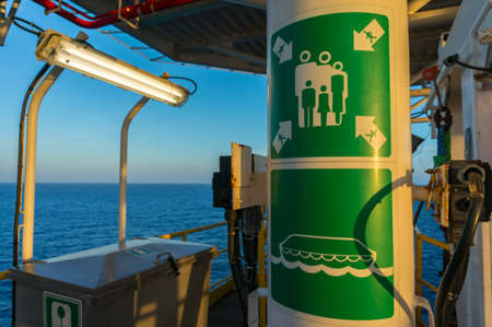 Emergency assembly master point on offshore jackup drilling rig.の写真素材