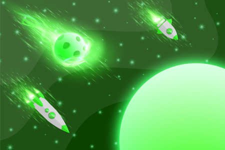 Green planet background vector meteor asteroid rocket plane dark galaxy sky space stars at nightのイラスト素材