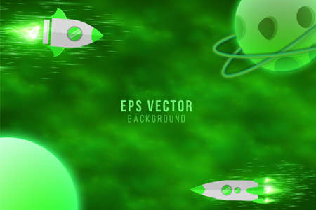 Green planet background vector meteor asteroid rocket plane dark galaxy sky space stars at nightのイラスト素材
