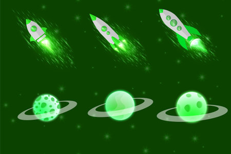 Green planet background vector meteor asteroid rocket plane dark galaxy sky space stars at nightのイラスト素材