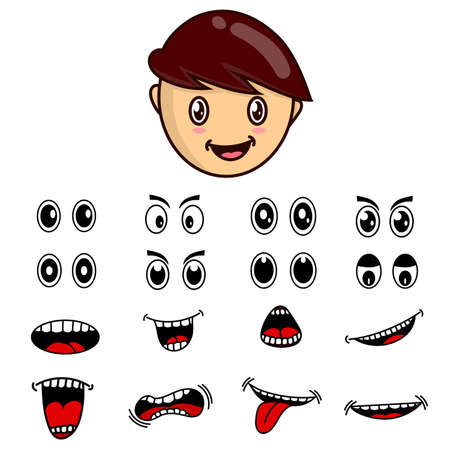 Kid face mouth and eyes set isolated vector. child expression set eye and mouth. kids emoji emoticon smileyのイラスト素材