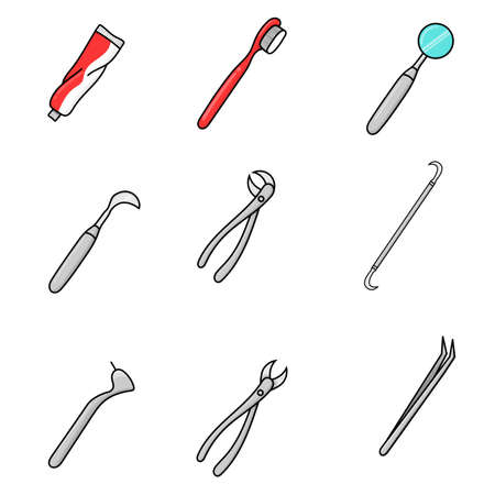 Set of dental equipment tools isolated vector illustration. dentist things for teeth care.  accessory tool for tooth careのイラスト素材