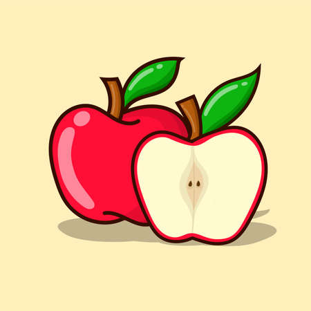 Set of apple vector illustration with yellow background. simple red apple with outline style and green leafのイラスト素材