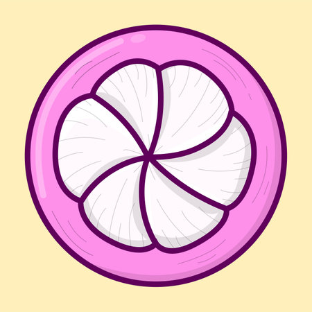 Mangosteen illustration pink vector simple. cute mangosteen purple fruit with yellow backgroundのイラスト素材