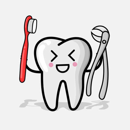 Teeth character illustration with dental equipment. tooth expression element design for poster, banner, mascot, iconのイラスト素材