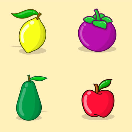 Set of fruit illustration vector. apple, avocado, mangosteen, lemon organic fruits for food menu, graphic elementのイラスト素材