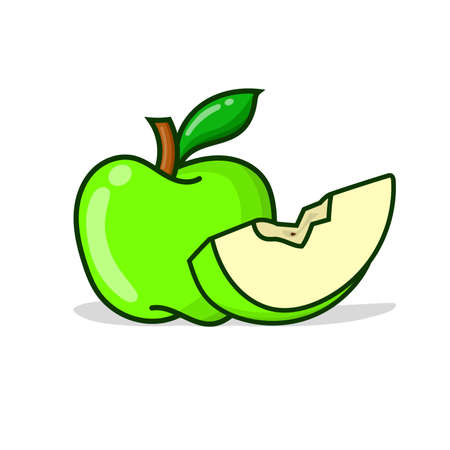 Green apple with sliced another apple. green apple vector illustration with shadow and white backgroundのイラスト素材