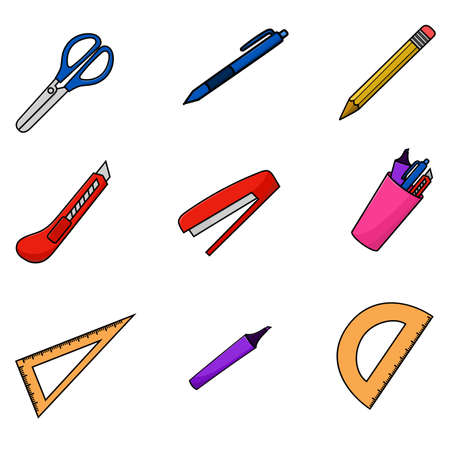 Stationery set isolated vector illustration cartoon style. use for back to school design, education icon, element graphic for poster, banner, web, flyerのイラスト素材